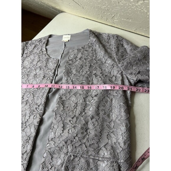 Chicos Topper Jacket Womens Medium 1 Gray Floral Lace Open 3/4 Sleeve Evening - Picture 5 of 11